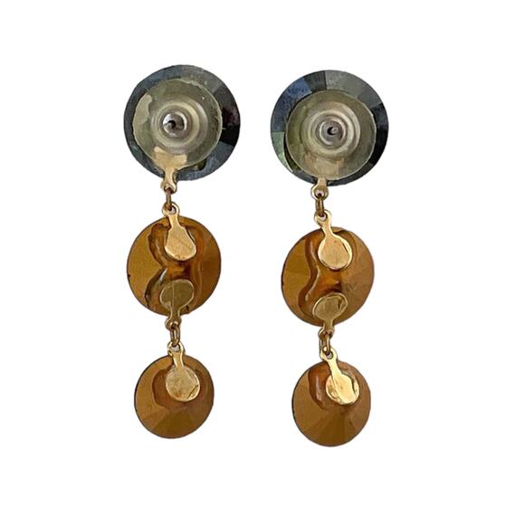 1990s Gold Plate Purple Orange Green Rivoli Rhinestone Dangle Pierced Earrings - Picture 2 of 3